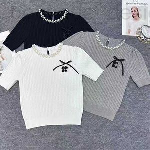 Women's T-Shirt designer brand m Family 24 Early Spring New Neckline Beaded Chest Badge Bow Tie Academy Style Knitted Short Sleeved V62K