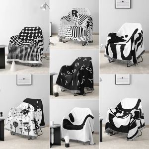 Set Black White Series Baby Filt (With Tassel) Vintage Geometric Sticked Full Cover Soffa Handduk Bäddvägg Hängande rumsdekor