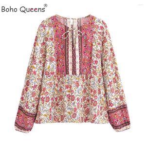 Frauenblusen Boho Queens Frauen floral bedruckte V-Ausschnitt-Schnürpops Bluse Shirt Ladies Rayon Long Sleeve Shirts Bohemian Blusas
