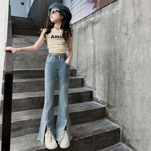 Summer Big Girls Thin Jeans Old Kids Love Heart Split Tassal Flare Denim Pants Fashion Tonårare Soft Casual Cowboy Trousers Z7867