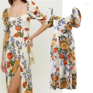 Casual Dresses French Style Vintage Small Floral Square Collar High Waist Slit Waist-Tight Slim Looking Dress Puff Sleeve Vacation Women