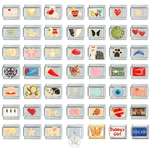 Strängar Vintage Love Heart Butterfly Dog Square Pärlor Fit Italiensk charm Länkar 9mm rostfritt stål armband smycken DIY gör grossist