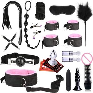 22 stycken kit sm bondage set fasthållningssatser för kvinnor och par säng begränsningar sex leksaker bdsm vuxna spel manschetter bröstvårtklämmor ögonbindelse spanking paddel (rosa)