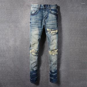 Jeans masculino Moda de streetwear Men retro azul treto magro skinny raspou Paisley Patched Designer Hip Hop Brand calças HOMBRE