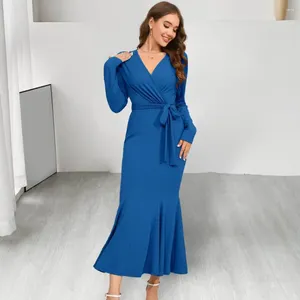 Casual Dresses Women Formal Dress Solid Color Elegant V Neck Fishtail Hem Midi For Slim Fit Knitted Evening Party