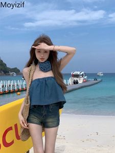Blue Sleeveless Cowboy Tube Top Women Summer Out Wear Retro Spicy Girl Loose Short Off Shoulder Sexy Denim Camisole Women Top 240415