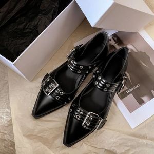 Double Buckle Fashion Flats Dance Shoes Women Black White Belt Buckle Pin Buckle Punk Mary Jane Middle-aged Women Flats 240419