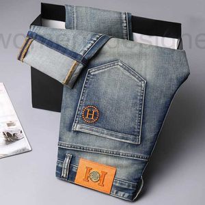 Mens Jeans Designer Nine point pants spring and autumn trendy brand high-end embroidered flower elastic jeans men's trendy brand small foot gray slim fit pants