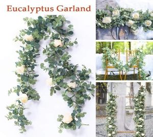 Eucalyptus Garland с розовыми цветами искусственные виноградные лозы из искусственного шелкового зелени Свадебный фон арка настенный декор для домашней столовой Table15867670