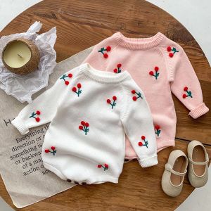 One-Pieces Newborn Girls Jumpsuits Infant Baby Girls Knit Romper Cherry Embroidery Long Sleeve Button Warm Spring Toddler Clothes Jumpsuits