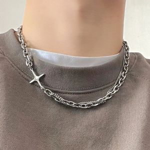 Halsband Hip Hop rostfritt stål tvärhalsband för kvinnor män punk dubbel lager skarv kedja halsband charm trend hals smycken choker