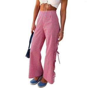 Women's Pants Side Bow Tie-Up Hollow-Out Long Casual Plaids Wide-Leg Trousers For Spring Summer Streetwear Fashion Bottoms