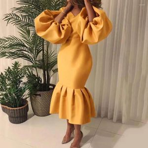 Casual Dresses Elegant For Women V Neck Lantern Sleeve Mermaid Mid Calf Luxury Vintage Female Birthday Party Dinner Vestidos Mujer Robe