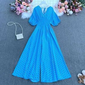 Women's Jumpsuits Rompers Summer polka dot holiday casual wide leg jumpsuit V-neck Puff Slave elastic waist jumpsuit loose beach stockings Y240425