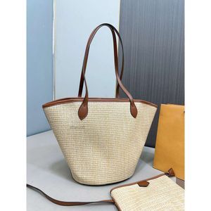 24SS Womens Luxury Designer Woven Bucket Bag Summer Sun Straw Beach Tote Shoulder Shopping With Zipper Coin Purse Refreshing Art Style 45CM