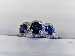 Bant Yüzük Yüksek Kaliteli Mavi Yuvarlak Kübik Zirkonya Yüzüğü Düğün Nişan Yüzükleri Kadınlar Toptan Yıldönümü H240425
