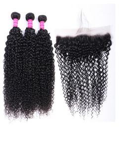 Vergine brasiliana Vergine Human Weaves Extensions Curly Natal 1B Color 3 bundle con pizzo Frontale 134 non trasformato di alta qualità7760430