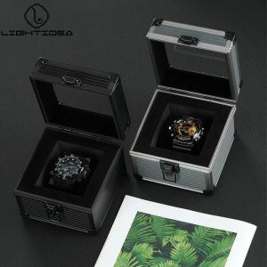 Kudde Metal Watch Box Single Square Aluminium Alloy Case Storage Box Portable Watch Box With Pillow Anticollision Transparent Glass