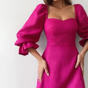 Повседневные платья квадратные воротники Женщины платье рукав осенний боковая сторона сплит розовая красная миди-миди