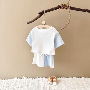 Clothing Sets 2024 Baby Girl Outfit Set Newborn Boys Sets for Children Casual Spliced Color Waffle Cotton Short Sleeved T-shirt+shorts Summer H240425