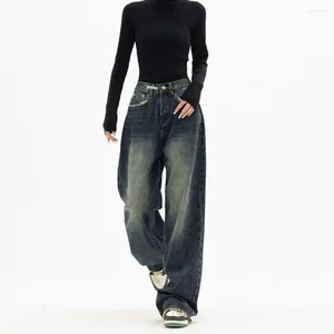 Women's Jeans Loose Leg Design Trousers Vintage High Waist Wide Denim With Deep Crotch Pockets Streetwear Fashion Button