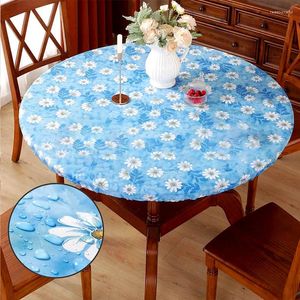Table Cloth 122cm Waterproof Oil-proof Elastic Edged Blue Flower Round Cover PVC Desk Protector Bar Wedding Banquet Party Decor