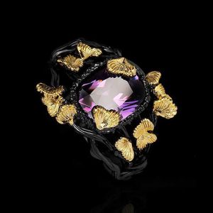 Band Rings Hot Selling Natural Purple Stone Flower Zhi Tree Vine Black Gold Creative Ring for Ladies Wedding Party Jewelry Gift H240425