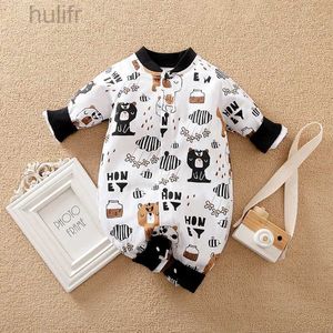 Rompers Spring and Autumn Season Boys and Girls Cine Carring Bear Stampa comodo a maniche lunghe casual cotone per bambini D240425