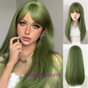 Wigs women human hair Wig popular on the internet for avocado green wig that appears white and can be straightened with slanted bangs medium length straight full set