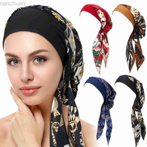 Hijabs muslimische Frauen Kopfbedeckung Turbane Silky Head Schal mit breiter Band gedrucktem Schlafhut Hijab Motorhaar Cover bereit zum Tragen D240425