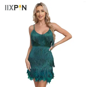 Scen Wear Womens paljetter Tassel Latin Dance Dress Cocktail Evenings Party Spaghetti Straps V Neck High Midist Feather Hem