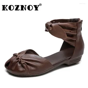 Sandálias Koznoy 3cm Sandas de couro genuíno Mulheres de tornozelo de tornozelo planícies Oxfords respiráveis moda confortável peep toe hollow summer sapatos