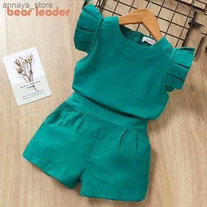 T-Shirts Bärenführende Kindermädchen Kleidungsstücke Sommer neue Mädchen Kleidung Kurzarm T-Shirt+Hosenkleid 2pcs Kinder Kleidung Suitsl2404