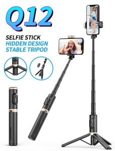 Sticks Q12 Bärbar förstärkt Bluetooth Trådlös stativ Selfie Stick Aluminiumlegering Justerad selfie -stång med telefonhållare