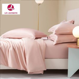 LivEsthete Women Pink Pure 100% Silk Bedding Set Healthy Duvet Cover Flat Sheet Pillowcases Queen King Bed Linen For Sleep Gift 240425