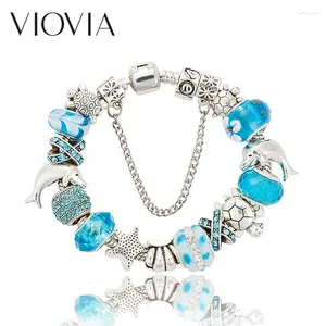 Urok Bracelets Viovia Ocean Series Blue Dolphin Tortoise Banles for Women Original Crystal Bransoletę DIY Jewelry B15410