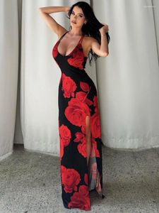 Casual Dresses Women's Red Flowers Print High Slit Slip Dress 2024 Summer Elegant Sexy Backless Waist Sleeveless Long Maxi Holiday