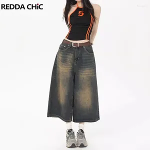 Jeans feminino reddachic 90s skatista retro mulheres shorts jeans de verão jorts bigodes angustiados calças de perna larga plus size y2k streetwear