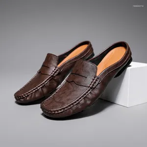 Casual skor sommarhalva tofflor för man svart grå pu läder män bekväma lägenheter herr mode vuxen