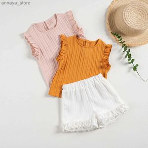 T-shirts söt tjej fast färg sommar ruffle kläder set korta ärm shorts set childrens casual wearl2404