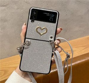 Glitter Love Hear Crossbody Chain Phone Case för Samsung Galaxy Z Flip3 5G Justerbart Lanyard Rope Sparkle Protective Shell Shockp7210422