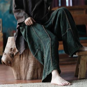 Capris Johnature Women Vintage Autumn Wide Leg Pants Elastic Waist Cotton Trouser Patchwork Loose 2023 New Dark Green Pants