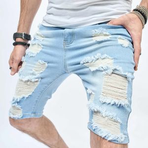 Vintage Ripped Slim Fit Denim Short Pant Men Streetwear Spring Summer Fashion Solid Color Button Jean Shorts Mens Clothing 240415