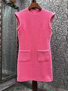 Casual Dresses 2024 Women's Fashion Sleeveless Crew Neck Woven Trimmed Pocket Celebrity Style Slim Dress 0529