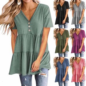 Womens Spring And Summer V Neck Short Sleeved Pullover Solid Color Stitching Dress Top