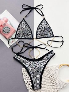 Kobiety bikini stroje kąpielowe seksowne cekinowe bling kantar micro -thong kobiety metalowe łańcuchy kąpiel kąpielowy kostium kąpielowy Biquini Trójkąt femme