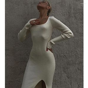 Casual Dresses Square Neck Split Knitted Dress Women Elegant Sexy Party Long Sleeve Sweater Woman A Line Solid Office Lady 30178