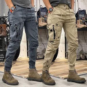 Herrbyxor militär taktisk lastbyxor herr armé avslappnade byxor blixtlås multi-pocket bomullsjoggare mode khaki svart plus storlek elastisk d240425