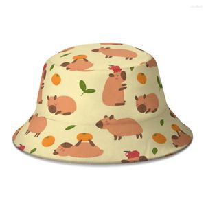 Berets Capybara Play Orange Animal Bucket Hat For Women Men Teenager Foldable Bob Fisherman Hats Panama Cap Autumn