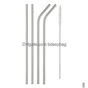 Straws Reusable St Metal Drinking 304 Stainless Steel Straight Curved Sts with Cleaning Brush for Coffee Tea Drop Delivery Home Gard Dhyi7 ainless eel raight s